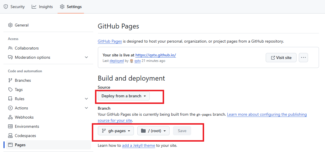 Settings>Pages>Build and deployment